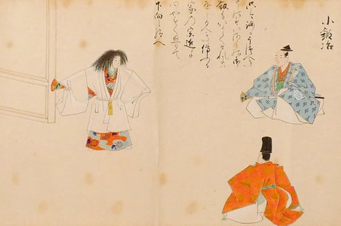 能「小鍛治(こかじ)」の演能の様子を描いた池田綱政筆「能仕舞図絵巻」(部分)所蔵館=林原美術館